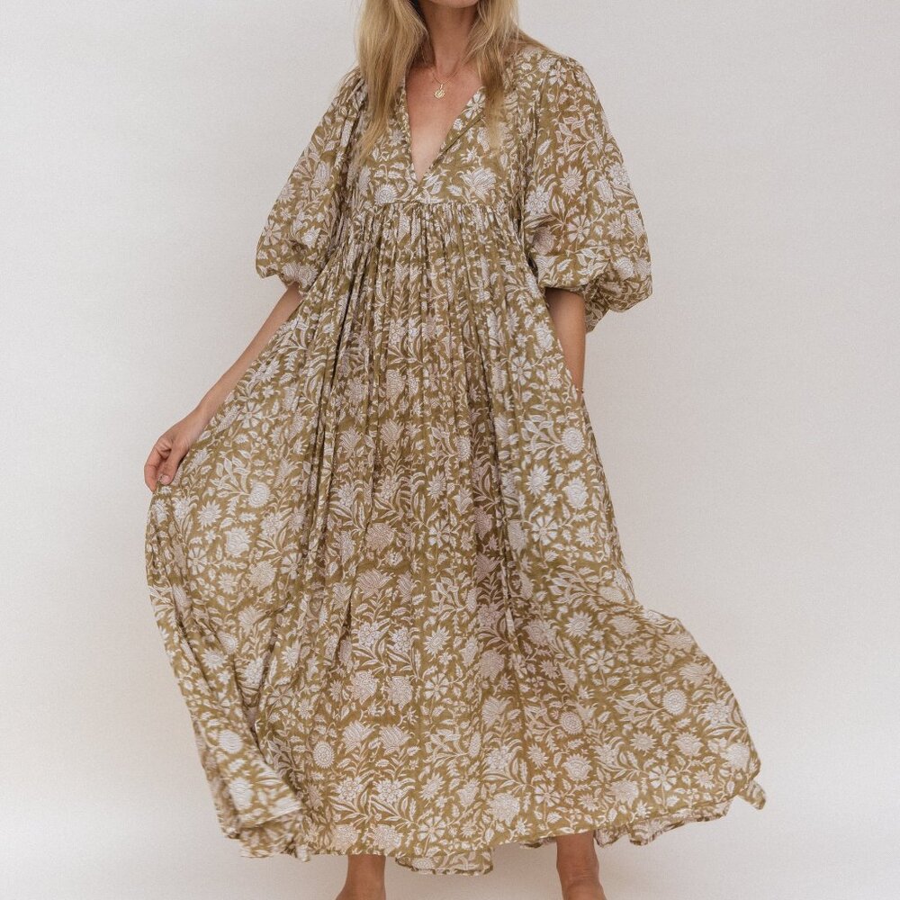 Daughters of India Floral Maxi Dress in Olive and Cream